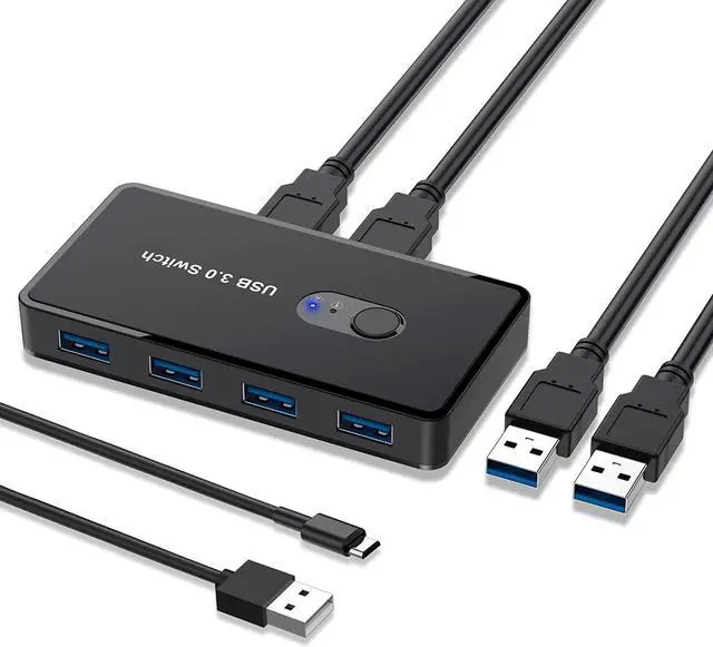 Main image of USB 3.0 Switch Selector KVM Switcher 2 Computers Sharing 4 USB Devices USB Hub Switch for Keyboard Mouse Scanner Printer with One-Button Swapping and 2 Pack USB Male Cable