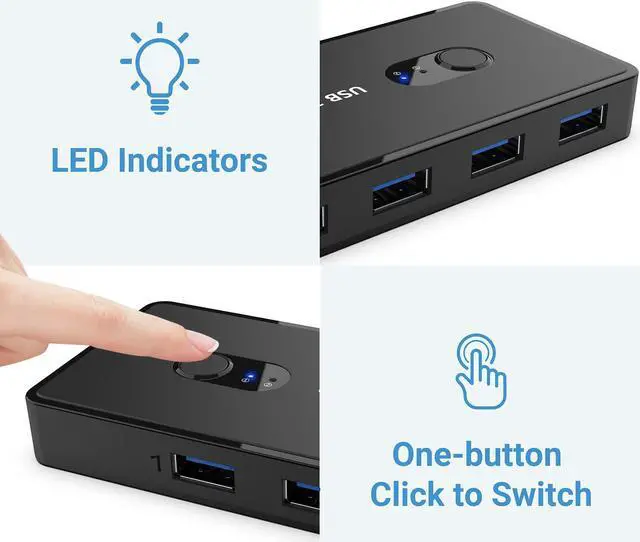 Alt view image 4 of 7 - USB 3.0 Switch Selector KVM Switcher 2 Computers Sharing 4 USB Devices USB Hub Switch for Keyboard Mouse Scanner Printer with One-Button Swapping and 2 Pack USB Male Cable
