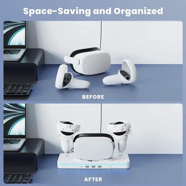 Alt view image 6 of 7 - VR Charging Station for Oculus Quest 2/Meta Quest 2, VR Charging Dock Supports LED Indicator/Charging Headset, with 2 Rechargeable Batteries&USB Charging Cable, Support Elite Strap with Battery