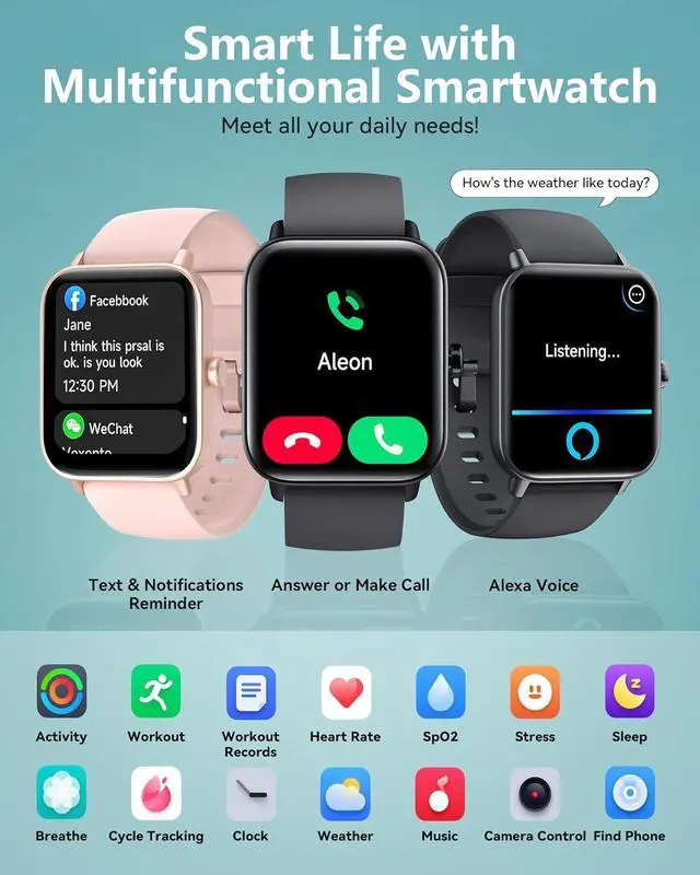 Alt view image 2 of 7 - Smart Watch for Men Women, 1.8 Inch Fitness Watch with Bluetooth Call/Alexa Voice for IOS Android Phone, Activity Tracker with 100+ Sports, Steps/Calorie/SpO2/Heart Rate/Sleep Monitor, IP68 Waterproof