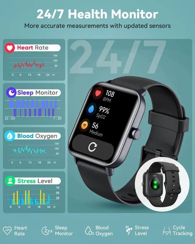 Alt view image 5 of 7 - Smart Watch for Men Women, 1.8 Inch Fitness Watch with Bluetooth Call/Alexa Voice for IOS Android Phone, Activity Tracker with 100+ Sports, Steps/Calorie/SpO2/Heart Rate/Sleep Monitor, IP68 Waterproof