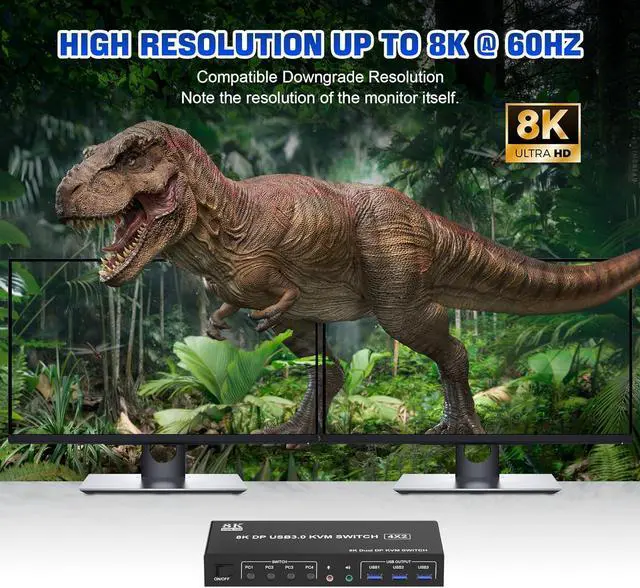 Alt view image 4 of 7 - 8K@60Hz USB 3.0 Displayport KVM Switch 2 Monitors 4 Computers, Dual Monitor Displayport KVM Switch 4 in 2 Out with Audio Output and 3 USB 3.0 Ports, 4 Port 8K DP Monitor Switch for 4 PCs 2 Monitors