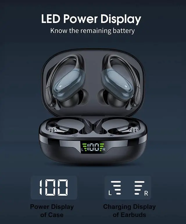 Alt view image 2 of 7 - Ture Wireless Earbuds, Bluetooth 5.2 Headphones, 60Hrs Playback HD Stereo Audio LED Display, Over-Ear IPX7 Waterproof TWS Earphones with Earhooks, Built-in Mic, Type-C, for Sports (Black)