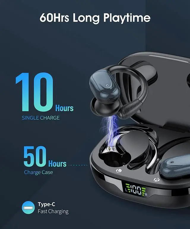 Alt view image 4 of 7 - Ture Wireless Earbuds, Bluetooth 5.2 Headphones, 60Hrs Playback HD Stereo Audio LED Display, Over-Ear IPX7 Waterproof TWS Earphones with Earhooks, Built-in Mic, Type-C, for Sports (Black)