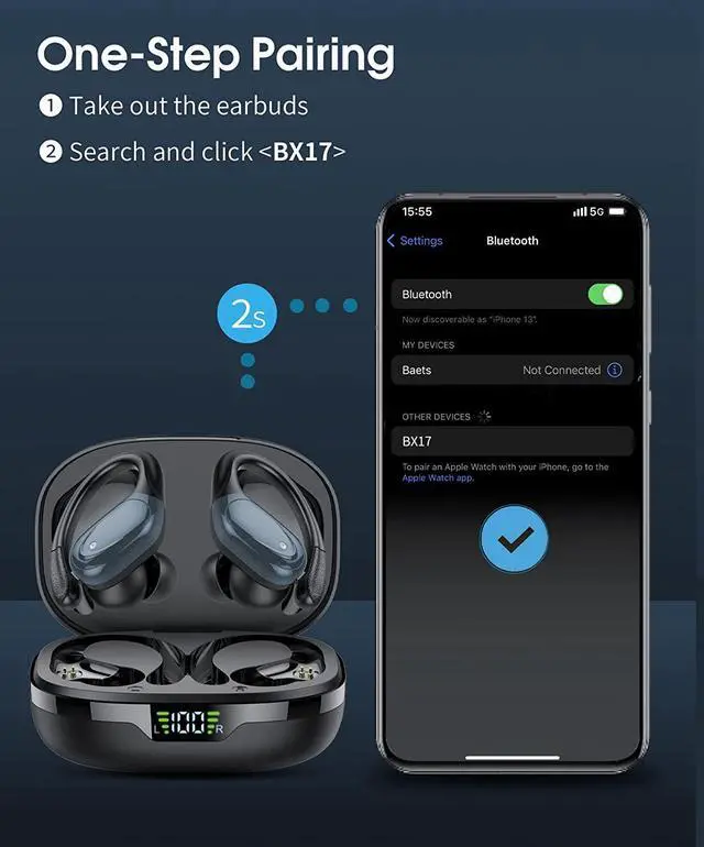 Alt view image 5 of 7 - Ture Wireless Earbuds, Bluetooth 5.2 Headphones, 60Hrs Playback HD Stereo Audio LED Display, Over-Ear IPX7 Waterproof TWS Earphones with Earhooks, Built-in Mic, Type-C, for Sports (Black)