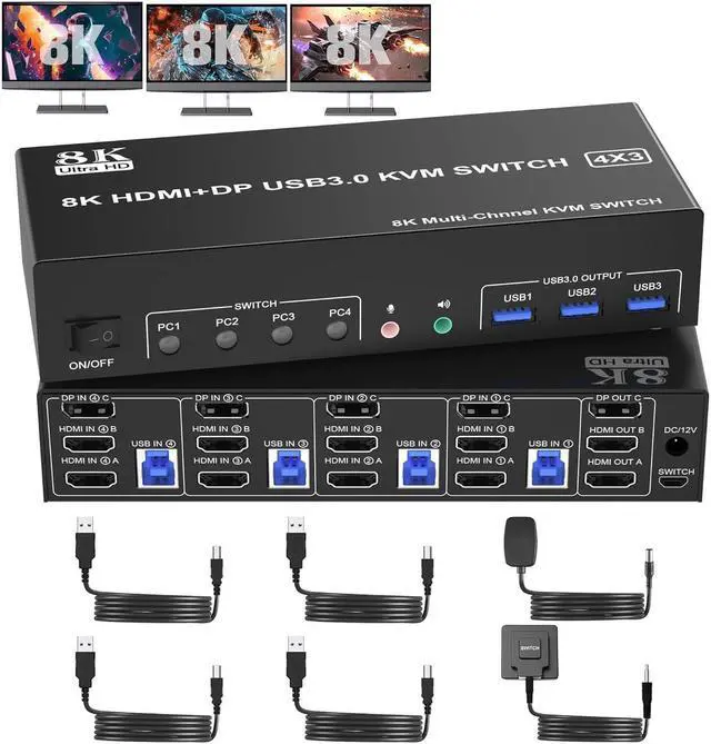 Main image of KVM Switch 3 Monitors 4 Computers 8K@60Hz 4K@144Hz, 2 HDMI +1 DisplayPort KVM Switch Triple Monitor for 4 Computer with Audio and 3 USB 3.0 Ports, KVM Triple Monitor Keyboard Mouse Switcher