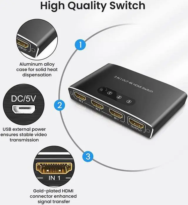 Alt view image 5 of 5 - 3PortHDMISwitch3in1Out4KUHDHDMISwitcherSplitter,AutomaticSwitchwithRemoteMetalHDMISwitchBoxHubSupport4K30Hz3D1080PHDCP1.4forPS5/4XboxDVDPlayerFireStickA-p-p-l-eTVPC 8iop