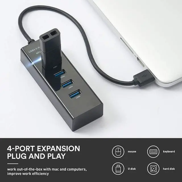 Alt view image 2 of 7 - 4 Port USB 3.0 Hub Adapter - Ultra Slim Data USB Hub with 9.8'' Extended Cable and LED Indicator USB Hub Compatible for MacBook/Mac mini/iPad/PC/PS4/PS5, Flash Drive, Mobile HDD (Black)