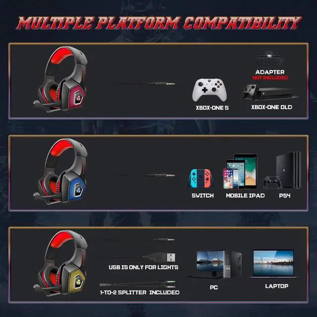 Alt view image 3 of 7 - Hunterspider Gaming Headset for PS4, Surround Sound Noise Cancelling Gaming Headset with Microphone&LED Light, Gaming Headphones Compatible with Nintendo Switch/Mac/Xbox one(Adapter Not Included)