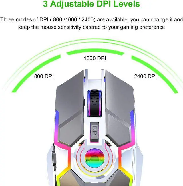 Alt view image 3 of 7 - Wireless Mouse Gaming, Rechargeable Computer Gaming Mouse with LED RGB Backlit Lights and 3 Adjustable DPI Up to 2400dpi, Power Saving Mode Wireless Mouse for Computer/Laptop/Mac/PC (Grey)
