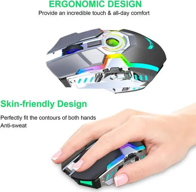 Alt view image 5 of 7 - Wireless Mouse Gaming, Rechargeable Computer Gaming Mouse with LED RGB Backlit Lights and 3 Adjustable DPI Up to 2400dpi, Power Saving Mode Wireless Mouse for Computer/Laptop/Mac/PC (Grey)