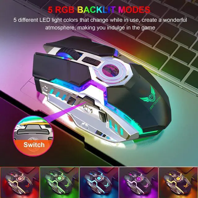 Alt view image 2 of 7 - Wireless Mouse Gaming, Rechargeable Computer Gaming Mouse with LED RGB Backlit Lights and 3 Adjustable DPI Up to 2400dpi, Power Saving Mode Wireless Mouse for Computer/Laptop/Mac/PC (Grey)