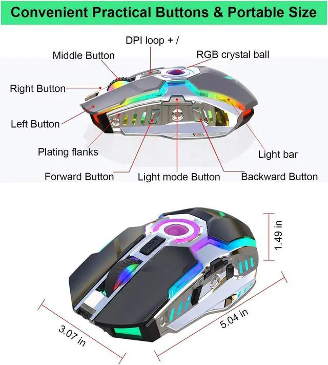 Alt view image 7 of 7 - Wireless Mouse Gaming, Rechargeable Computer Gaming Mouse with LED RGB Backlit Lights and 3 Adjustable DPI Up to 2400dpi, Power Saving Mode Wireless Mouse for Computer/Laptop/Mac/PC (Grey)