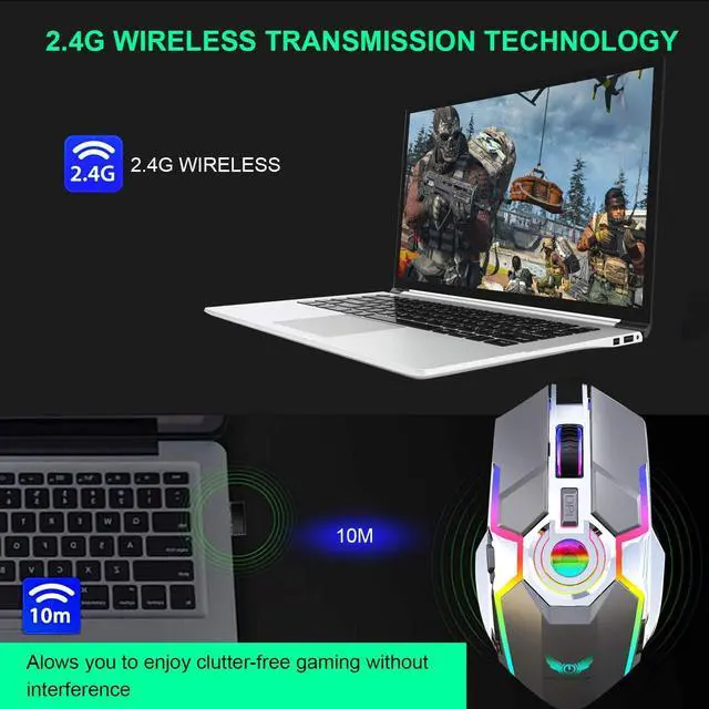 Alt view image 4 of 7 - Wireless Mouse Gaming, Rechargeable Computer Gaming Mouse with LED RGB Backlit Lights and 3 Adjustable DPI Up to 2400dpi, Power Saving Mode Wireless Mouse for Computer/Laptop/Mac/PC (Grey)