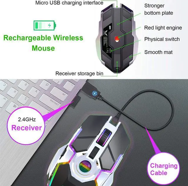 Alt view image 6 of 7 - Wireless Mouse Gaming, Rechargeable Computer Gaming Mouse with LED RGB Backlit Lights and 3 Adjustable DPI Up to 2400dpi, Power Saving Mode Wireless Mouse for Computer/Laptop/Mac/PC (Grey)