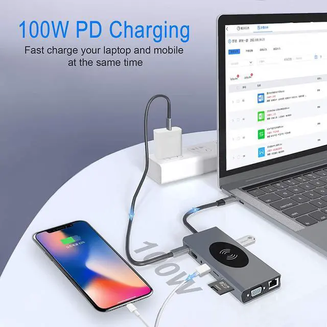 Alt view image 2 of 7 - USB C Hub,15 in 1 Type C Multiport Adapter with Wireless Charger 10W, 4K HDMI, VGA, Ethernet, 4 USB 3.0, 3 USB 2.0, PD3.0, SD/TF Card Reader, 3.5mm Aux Compatible for iPad Pro/MacBook/Type C Devices