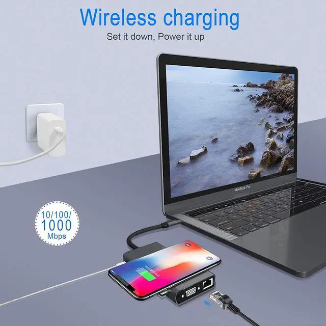 Alt view image 4 of 7 - USB C Hub,15 in 1 Type C Multiport Adapter with Wireless Charger 10W, 4K HDMI, VGA, Ethernet, 4 USB 3.0, 3 USB 2.0, PD3.0, SD/TF Card Reader, 3.5mm Aux Compatible for iPad Pro/MacBook/Type C Devices
