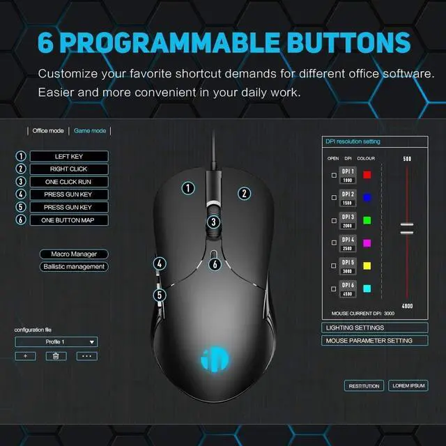 Alt view image 3 of 7 - Wired PC Mouse, Silent Click, 4800DPI Adjustable & 6 Programmable Buttons, Optical tracking, Ergonomic Design, Streamlined inphic USB Wired Mouse for PC Laptop Computer Working and Gaming (Black)