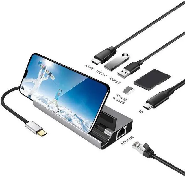 Main image of USB C Hub, for MacBook Pro USB C Adapter, 7 in 1 USB C Hub with Phone Stand for Sam-sung Dex, USB Type C to HDMI 4K, PD, LAN, SD/TF Slots, 2 x USB 3.0 Ports