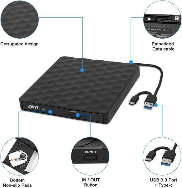 Alt view image 2 of 7 - External CD DVD Drive, USB 3.0 Optical Drive USB Type C Dual Port DVD Burner CD DVD Rewriter Burner Writer Compatible with Windows XP/7/8/10, MacOS, Linux for MacBook, Laptop, Desktop (Black)