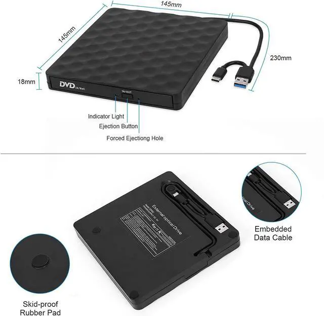 Alt view image 5 of 7 - External CD DVD Drive, USB 3.0 Optical Drive USB Type C Dual Port DVD Burner CD DVD Rewriter Burner Writer Compatible with Windows XP/7/8/10, MacOS, Linux for MacBook, Laptop, Desktop (Black)