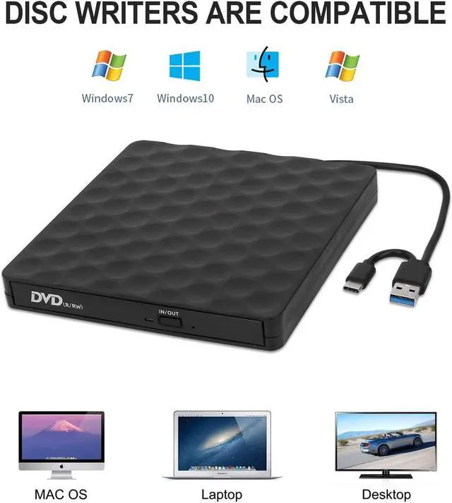 Alt view image 7 of 7 - External CD DVD Drive, USB 3.0 Optical Drive USB Type C Dual Port DVD Burner CD DVD Rewriter Burner Writer Compatible with Windows XP/7/8/10, MacOS, Linux for MacBook, Laptop, Desktop (Black)