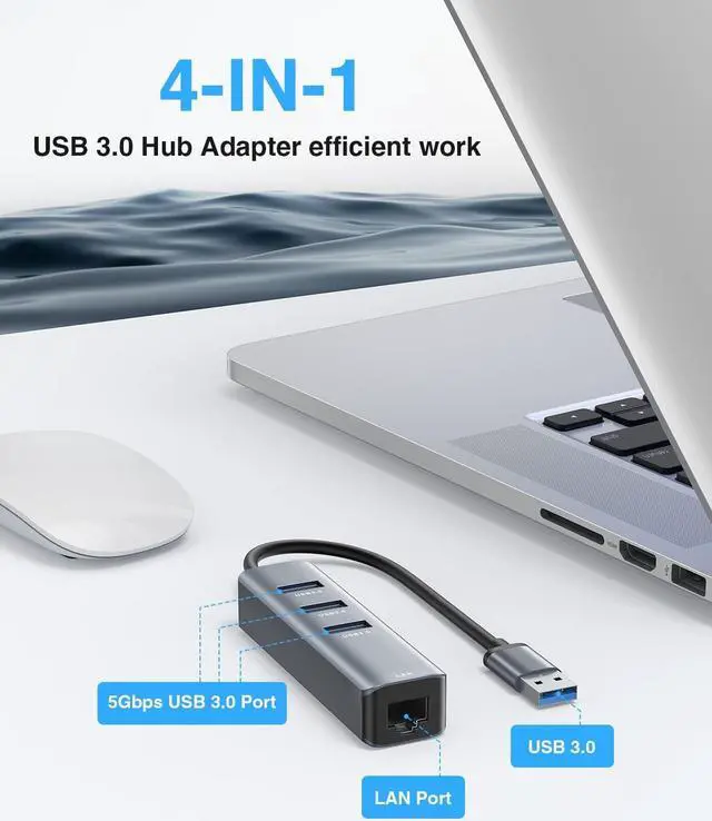 Alt view image 2 of 6 - USB 3.0 to Ethernet Adapter, 3 Ports USB 3.0 Hub with 1000M RJ45 Ethernet Multiport Splitter Compatible with MacBook, Surface Pro 4/5/6, Chromebook, Laptop (1000Mbps Gigabit Ethernet, 3 x USB 3.0)