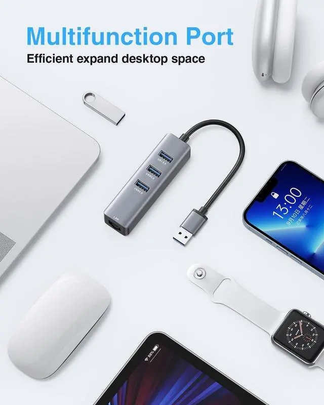 Alt view image 6 of 6 - USB 3.0 to Ethernet Adapter, 3 Ports USB 3.0 Hub with 1000M RJ45 Ethernet Multiport Splitter Compatible with MacBook, Surface Pro 4/5/6, Chromebook, Laptop (1000Mbps Gigabit Ethernet, 3 x USB 3.0)