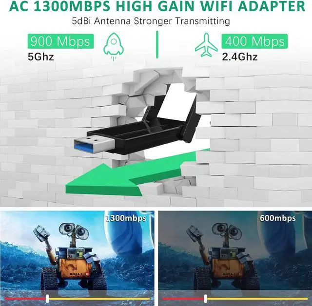 Alt view image 2 of 7 - AC1300 Wireless USB WiFi Adapter for Desktop 1300Mbps 5G/2.4G 802.11AC 5dbi Antenna WiFi Card for PC Laptop USB 3.0 Windows 10/8.1/7 Mac 10.6/10.15 USB Computer Network Adapters for Gaming