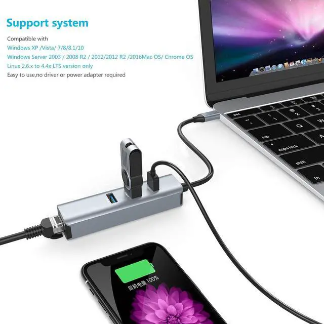 Alt view image 5 of 7 - USB C to Ethernet Adapter, RJ45 to USB C Thunderbolt 3/Type-C 10/100/1000M Gigabit Ethernet LAN Network Adapter, Compatible for MacBook Pro 16'' 2019/2018/2017, MacBook Air