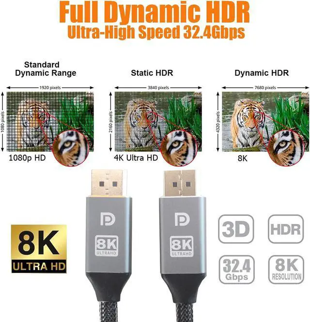 Alt view image 3 of 6 - Real 8K DisplayPort to DisplayPort 1.4 Cable 10ft/3M, Nylon Braided Ultra High Speed 32.4Gbps DP Male to Male Gold-Plated Cable with 8K@60Hz, 4K@120Hz, 2K@144Hz and HDR Support for TV, PC etc