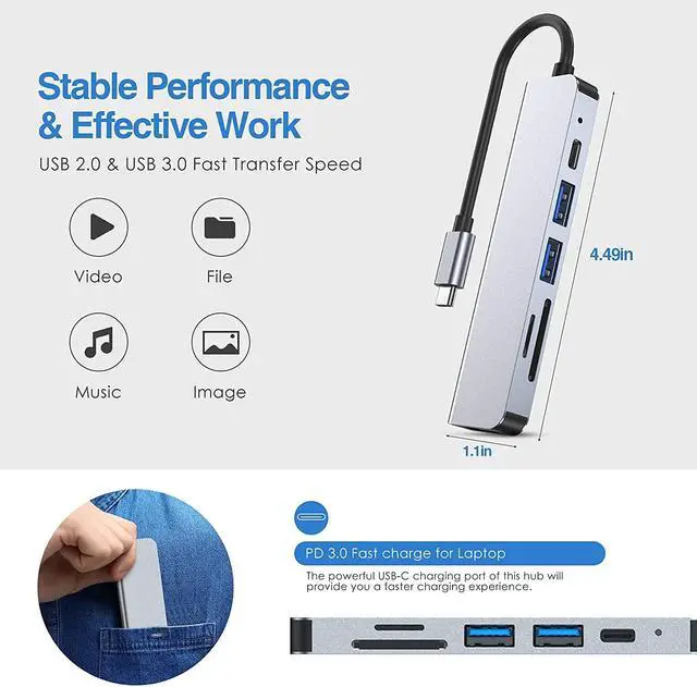 Alt view image 4 of 7 - USB C Hub, 4K HDMI Multiport Adapter with 87W Type-C PD Charging Adapter, 2 USB Ports, SD/TF Card Reader, Aluminum 6 in 1 USB Dongle, Portable Docking Station for Laptop, MacBook Pro/Air, Mac Surface