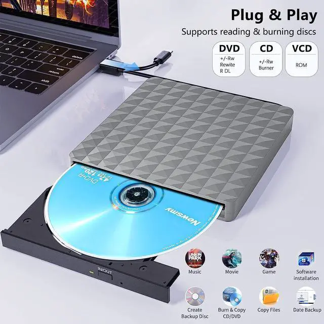 Alt view image 3 of 7 - External CD DVD Drive, USB 3.0 & Type-C External CD/DVD Burner, CD DVD +/-RW External CD Drive for Laptop Desktop PC Mac-Book, Windows 11/10/8/7/XP/Linux/MacOS (Silver Gray)