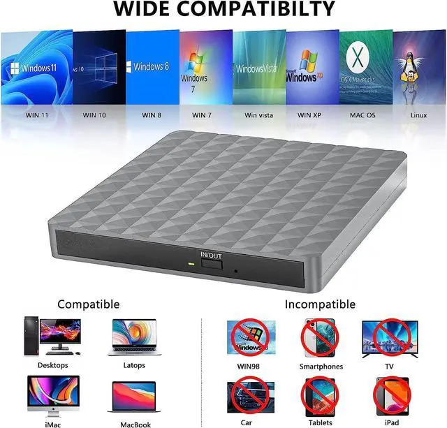 Alt view image 2 of 7 - External CD DVD Drive, USB 3.0 & Type-C External CD/DVD Burner, CD DVD +/-RW External CD Drive for Laptop Desktop PC Mac-Book, Windows 11/10/8/7/XP/Linux/MacOS (Silver Gray)