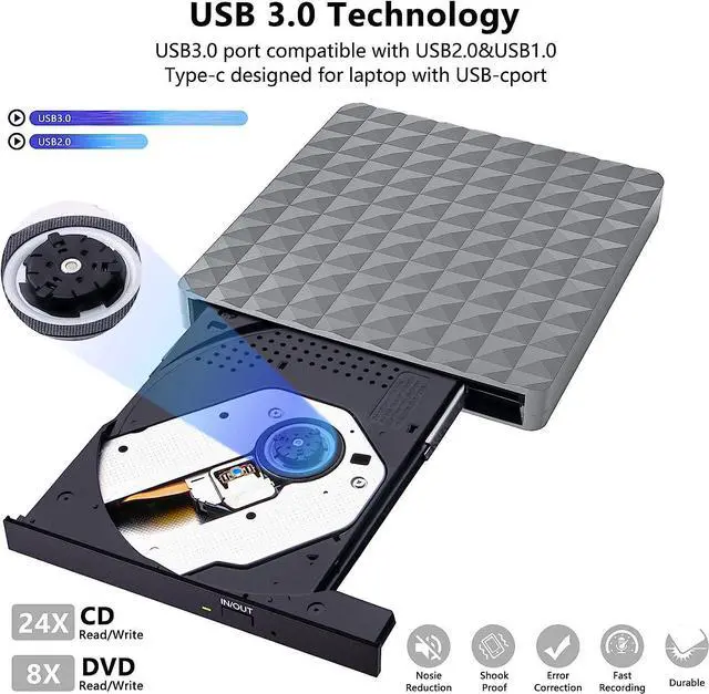 Alt view image 4 of 7 - External CD DVD Drive, USB 3.0 & Type-C External CD/DVD Burner, CD DVD +/-RW External CD Drive for Laptop Desktop PC Mac-Book, Windows 11/10/8/7/XP/Linux/MacOS (Silver Gray)