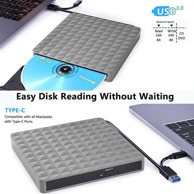 Alt view image 5 of 7 - External CD DVD Drive, USB 3.0 & Type-C External CD/DVD Burner, CD DVD +/-RW External CD Drive for Laptop Desktop PC Mac-Book, Windows 11/10/8/7/XP/Linux/MacOS (Silver Gray)
