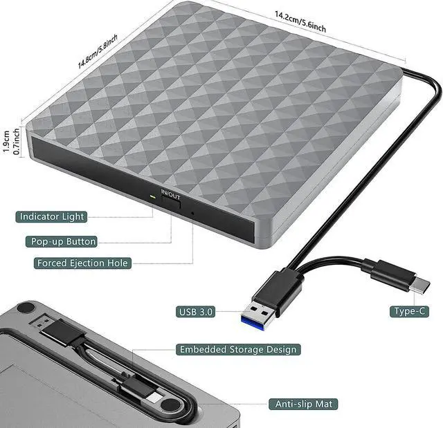 Alt view image 7 of 7 - External CD DVD Drive, USB 3.0 & Type-C External CD/DVD Burner, CD DVD +/-RW External CD Drive for Laptop Desktop PC Mac-Book, Windows 11/10/8/7/XP/Linux/MacOS (Silver Gray)