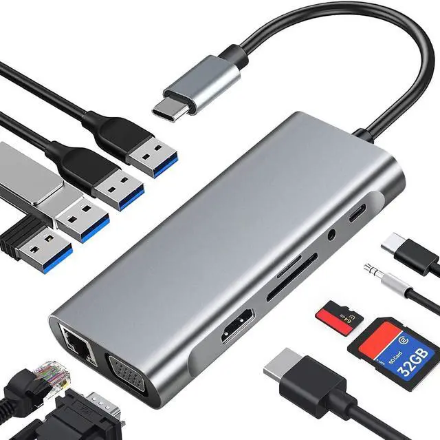 Main image of USB C Hub, 11 in 1 USB C Dock Multiport USB C Dongle with 4K HDMI, VGA, 10/100Mbps RJ45 Ethernet Adapter Port, 100W PD, 4 USB Ports, SD/TF Card Reader, 3.5mm Audio Port for MacBook, XPS, and More