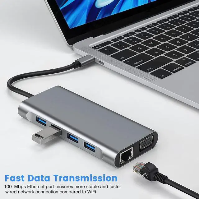 Alt view image 3 of 7 - USB C Hub, 11 in 1 USB C Dock Multiport USB C Dongle with 4K HDMI, VGA, 10/100Mbps RJ45 Ethernet Adapter Port, 100W PD, 4 USB Ports, SD/TF Card Reader, 3.5mm Audio Port for MacBook, XPS, and More