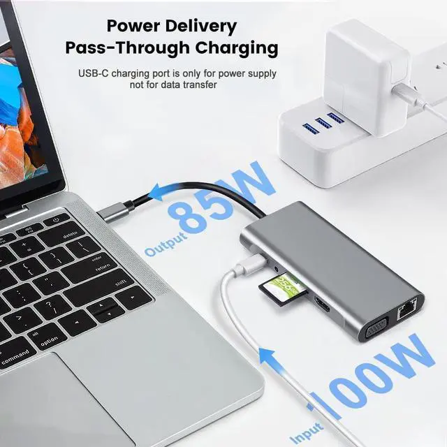 Alt view image 4 of 7 - USB C Hub, 11 in 1 USB C Dock Multiport USB C Dongle with 4K HDMI, VGA, 10/100Mbps RJ45 Ethernet Adapter Port, 100W PD, 4 USB Ports, SD/TF Card Reader, 3.5mm Audio Port for MacBook, XPS, and More