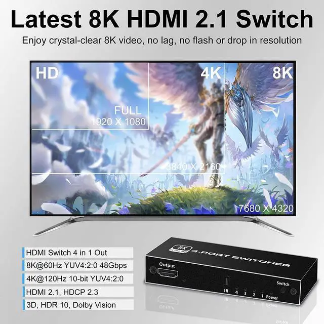 Alt view image 2 of 7 - 4 Ports 8K HDMI 2.1 Switch, HDMI Switcher 4 in 1 Out with IR Remote Control, 4K @60hz HDMI Switch Box 8K@60Hz/4K@120Hz, 48Gbps, Support for Nin-tendo Switch PS4/PS5, Xbox 360/One Fire tv Stick