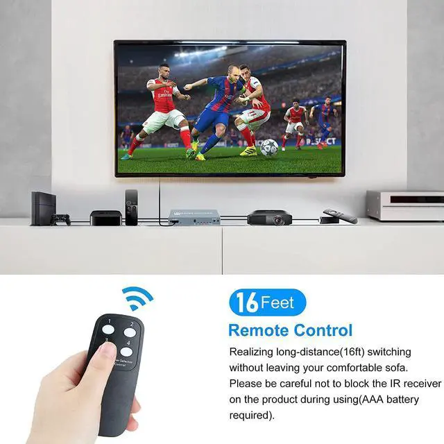 Alt view image 3 of 7 - 4 Ports 8K HDMI 2.1 Switch, HDMI Switcher 4 in 1 Out with IR Remote Control, 4K @60hz HDMI Switch Box 8K@60Hz/4K@120Hz, 48Gbps, Support for Nin-tendo Switch PS4/PS5, Xbox 360/One Fire tv Stick