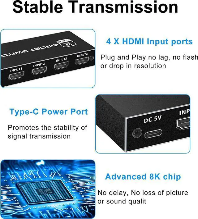 Alt view image 5 of 7 - 4 Ports 8K HDMI 2.1 Switch, HDMI Switcher 4 in 1 Out with IR Remote Control, 4K @60hz HDMI Switch Box 8K@60Hz/4K@120Hz, 48Gbps, Support for Nin-tendo Switch PS4/PS5, Xbox 360/One Fire tv Stick