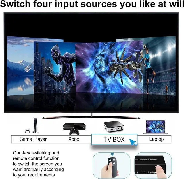 Alt view image 4 of 7 - 4 Ports 8K HDMI 2.1 Switch, HDMI Switcher 4 in 1 Out with IR Remote Control, 4K @60hz HDMI Switch Box 8K@60Hz/4K@120Hz, 48Gbps, Support for Nin-tendo Switch PS4/PS5, Xbox 360/One Fire tv Stick
