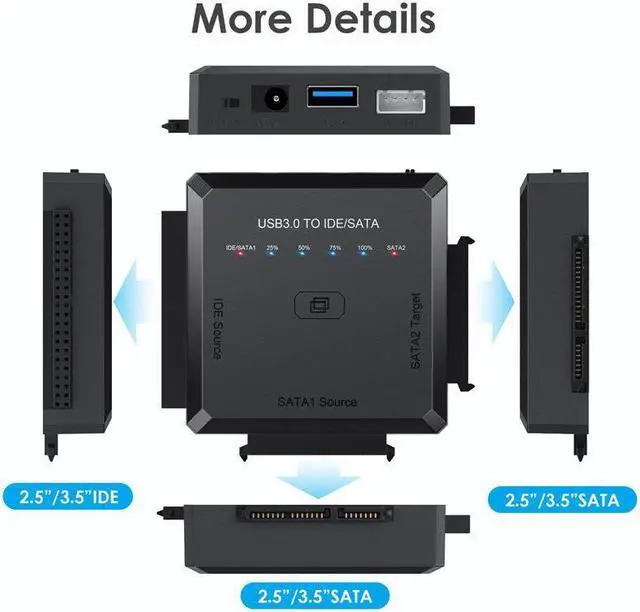Alt view image 6 of 7 - SATA/IDE to USB 3.0 Adapter, Hard Drive Adapter Cable for Universal 2.5/3.5 Inch IDE/SATA w/One Touch Backup, External Hard Drive Reader for 2.5" 3.5" SSD HDD CD/DVD Optical Drives w/12V/2A Adapter
