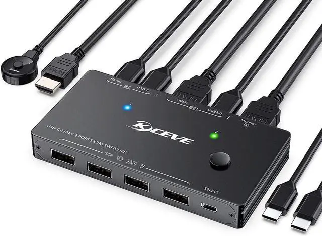Main image of USB Type-C HDMI KVM Switch 4K@60Hz, USB C +HDMI Switch for 2 Computers Share 1 Monitor and 4 USB Devices,Compatible with Thunderbolt 3, with 100 W Power Delivery, Wired Remote and 3 Cables Included