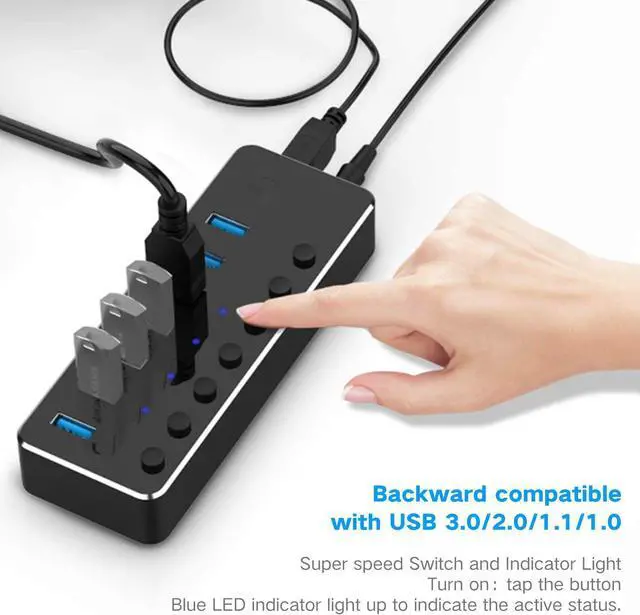 Alt view image 2 of 7 - Powered USB Hub, 7 Ports USB 3.0 Aluminum USB Data Hub Splitter with 5V/3A Power Adapter and Independent On/Off Switch USB Port Hub Expander for Laptop PC and More