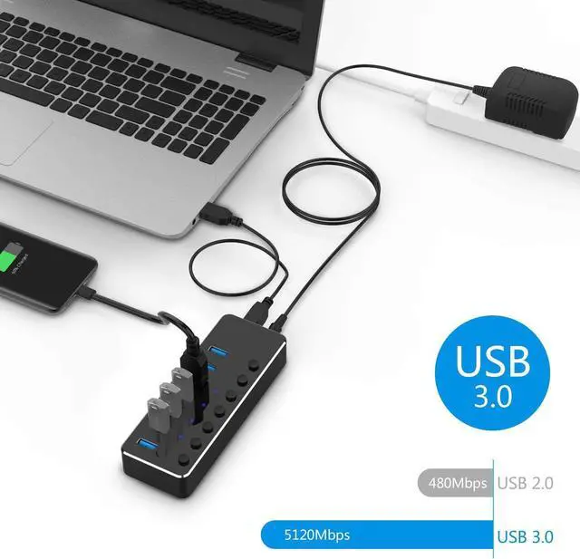 Alt view image 3 of 7 - Powered USB Hub, 7 Ports USB 3.0 Aluminum USB Data Hub Splitter with 5V/3A Power Adapter and Independent On/Off Switch USB Port Hub Expander for Laptop PC and More