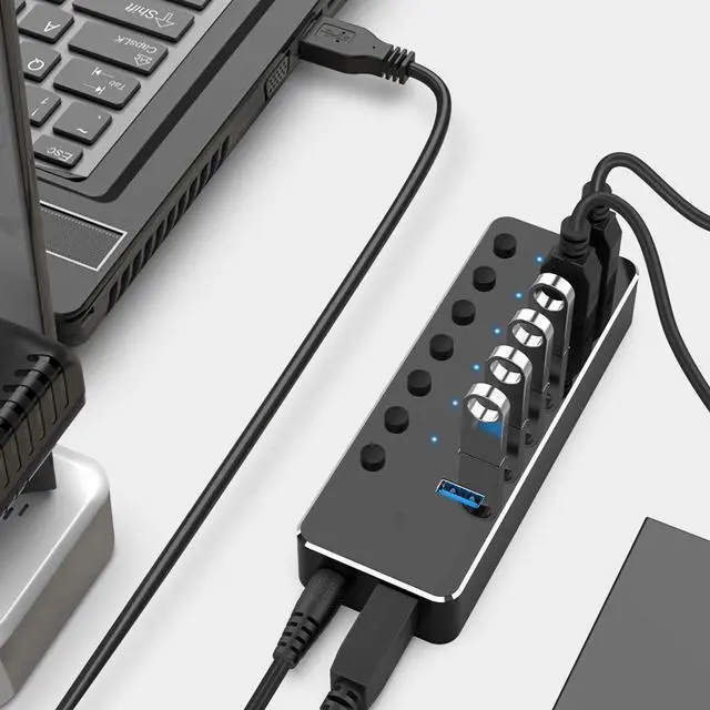 Alt view image 6 of 7 - Powered USB Hub, 7 Ports USB 3.0 Aluminum USB Data Hub Splitter with 5V/3A Power Adapter and Independent On/Off Switch USB Port Hub Expander for Laptop PC and More