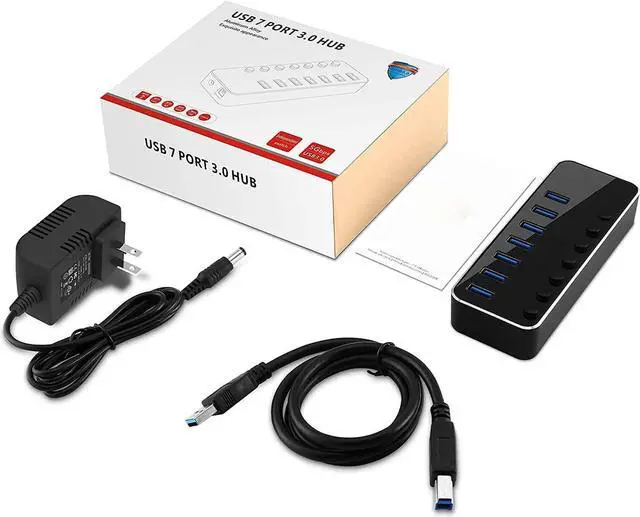 Alt view image 7 of 7 - Powered USB Hub, 7 Ports USB 3.0 Aluminum USB Data Hub Splitter with 5V/3A Power Adapter and Independent On/Off Switch USB Port Hub Expander for Laptop PC and More